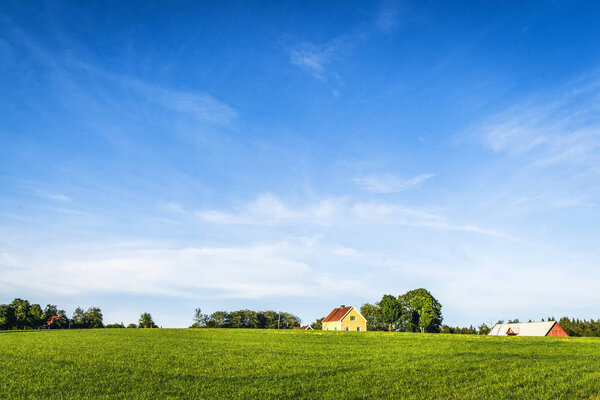Yellow farmhouse on a rural green field in the summer with blue sky and green grass