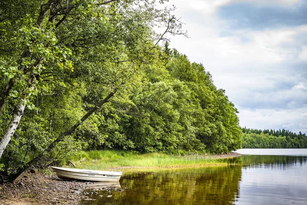 Barco Orilla Río Rodeado Por Bosque Con Árboles Verdes Lago — Foto de Stock