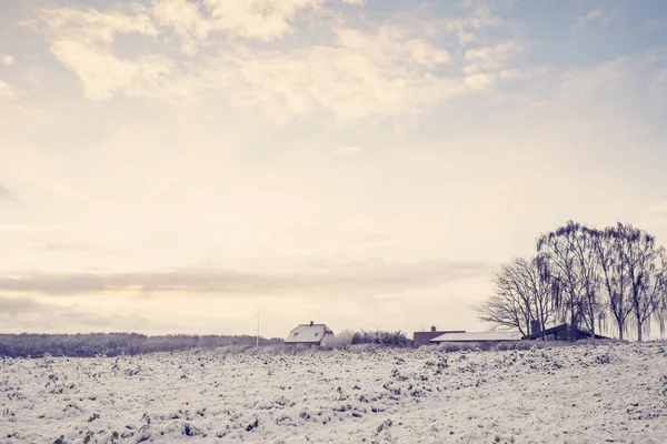 Winterlandschaft Mit Kleinem Bauernhaus Auf Ländlichem Feld Mit Schnee Sonnenaufgang — Stockfoto