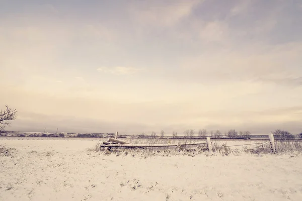 冬季景观中的木栅栏在早晨的田野上下雪 — 图库照片
