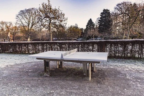 Outdoor table tennis made of concrete standing in a park in the winter
