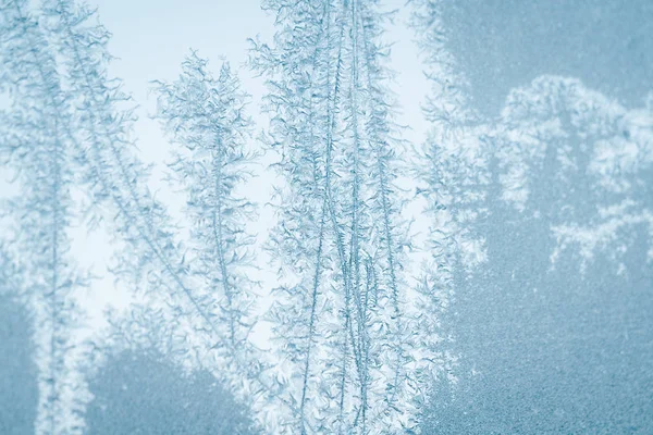 Padrões Gelados Uma Janela Tom Ciano Inverno — Fotografia de Stock