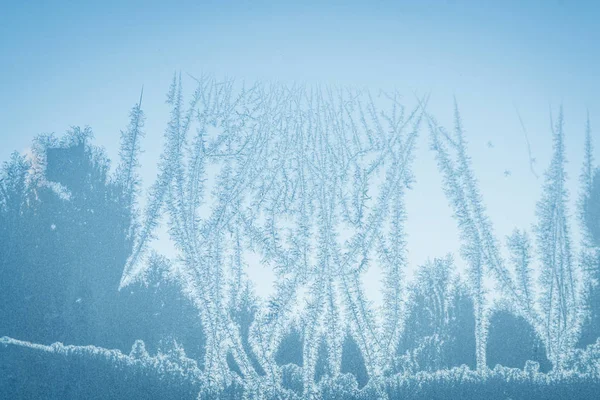 Abstrakter Frost Auf Einem Fenster Winter Cyanfarben Und Frostigen Formen — Stockfoto