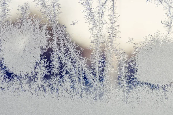 Sonnenaufgang Hinter Einem Fenster Mit Frostmustern Winter — Stockfoto