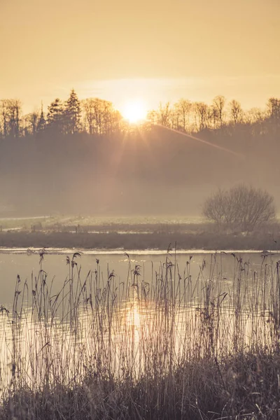 Lake Scenery Morning Sunshine Mist Hanging Water — Stock Photo, Image