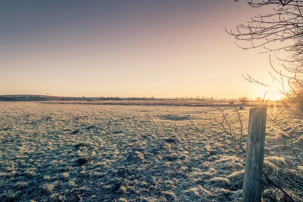 冬天的农村 用木柱子日出 — 图库照片