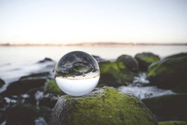 Crystal Ball Moss Covered Rocks Sea Early Morning — Stock Photo, Image