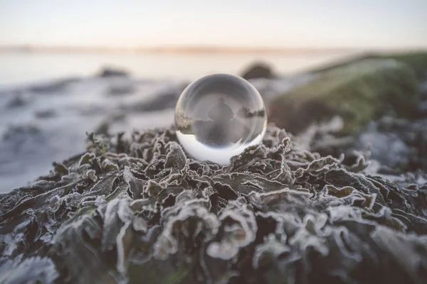 水晶球在自然与一个人的剪影展望未来 — 图库照片