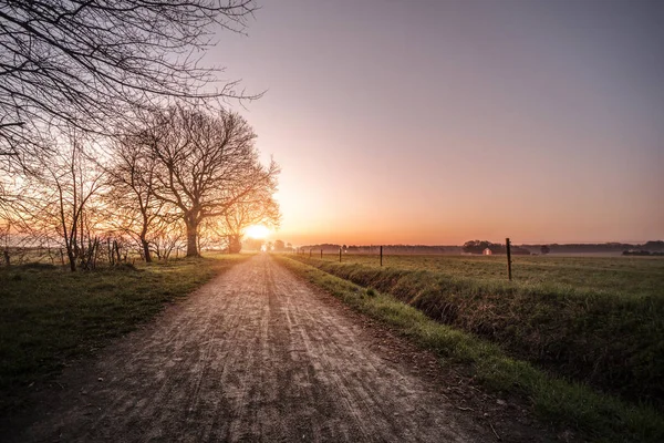 Landweg Morgendlichen Sonnenaufgang Mit Feldern Auf Beiden Seiten Der Straße — Stockfoto