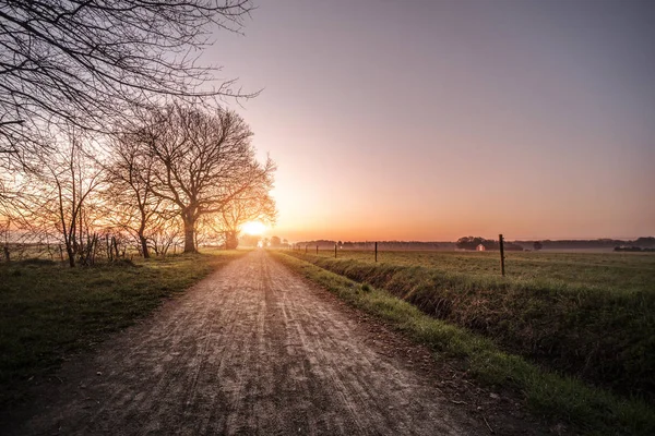 Wsi Szlak Sunrise Rano Obszarów Wiejskich Pól Obu Stronach Drogi — Zdjęcie stockowe