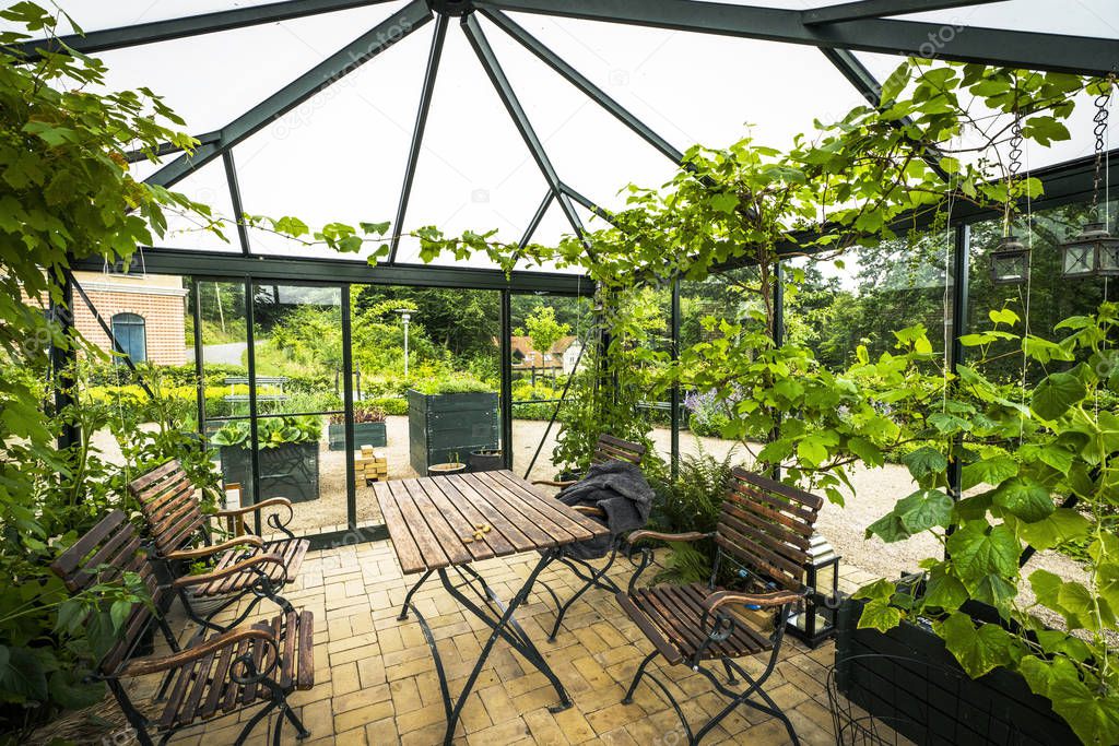 Terrace in a glass house with wooden garden furniture in the summer with green plants