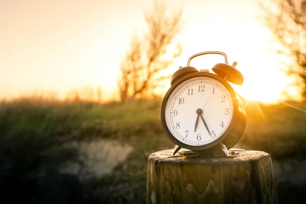 農村環境で夜明けの日の出の木造の目覚まし時計 — ストック写真