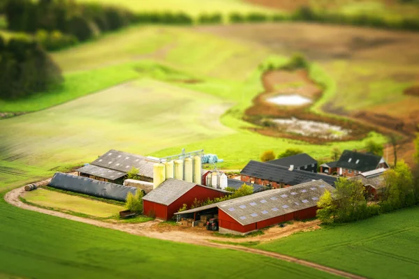 Fazenda Rural Cores Vermelhas Com Campos Verdes Redor Indústria Agrícola — Fotografia de Stock