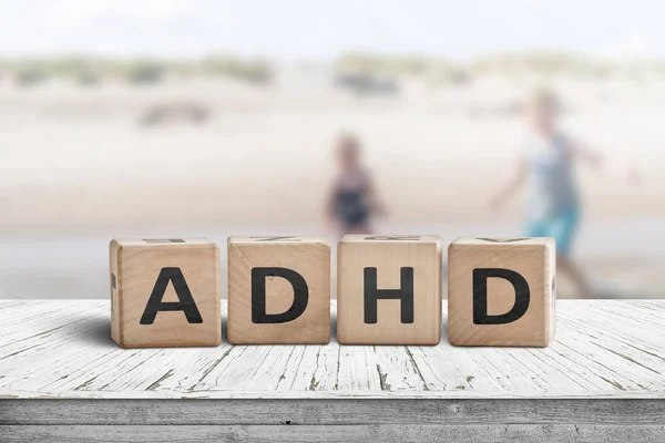 Adhd Sign Wooden Table Kids Acting Wild Background — Stock Photo, Image