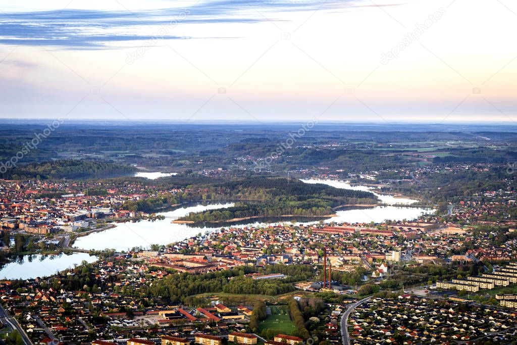 Silkeborg city in Denmark seen from above on a beautiful morning