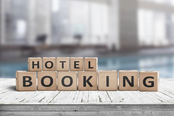 Hotel Booking Sign Wooden Step Blurry Background Residental Suite — Stock Photo, Image