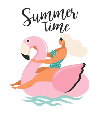 Vektör soyut yaz saati illüstrasyon kart üzerinde pembe flamingo float daire okyanus dalgaları ile hat yaz saati içinde yüzme kızla.