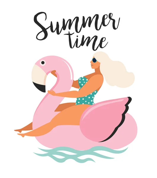 Vektor Abstrakte Sommerzeit Illustrationskarte Mit Mädchen Schwimmen Auf Rosa Flamingo — Stockvektor