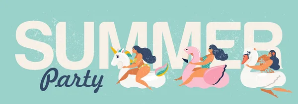 Cartel Verano Con Chicas Nadando Círculos Flotador Animales — Archivo Imágenes Vectoriales