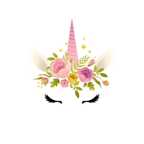 Tête Licorne Couronne Fleurs Colorées Sur Fond Blanc — Image vectorielle