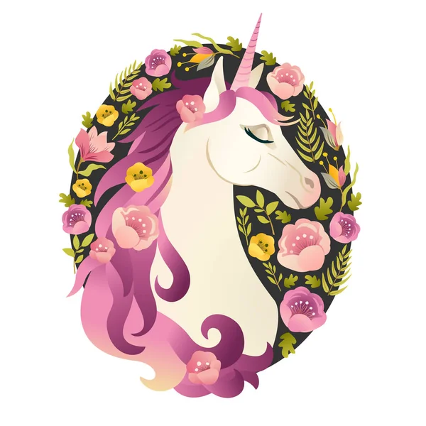 Unicorn Huvud Ram Färgglada Blommor — Stock vektor
