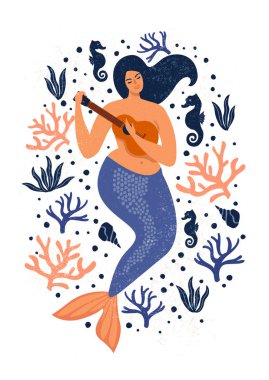 ukulele, mercan ve beyaz arka plan üzerinde kabukları ile deniz kızı