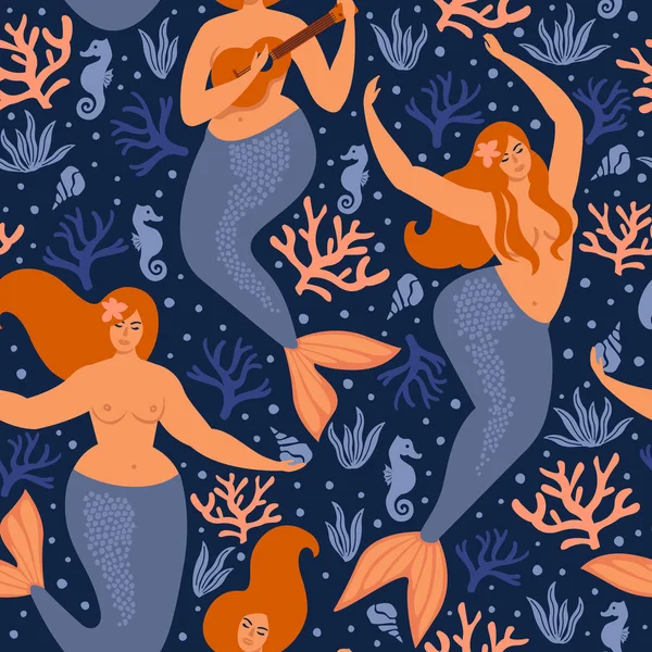 Nahtlose Meerjungfrauen Muster Auf Tiefblauem Hintergrund — Stockvektor
