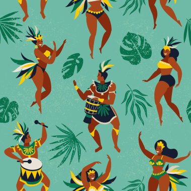 Brezilya karnaval. Vektör düz karakterler ile seamless modeli. Rio de Janeiro'da karnaval Brezilya samba dansçılar. Kızlar ve erkekler için Festival takım elbiseli. Vektör çizim.