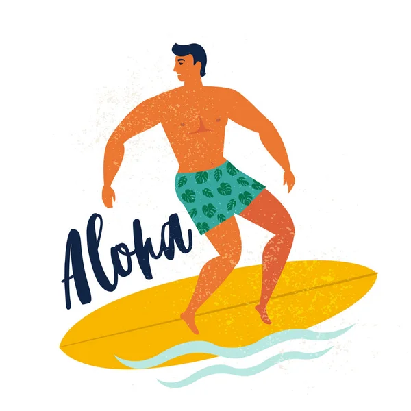 Aloha Plakat Surfer Deskę Surfingową Połowu Fale Oceanu Plaża Surfings — Wektor stockowy