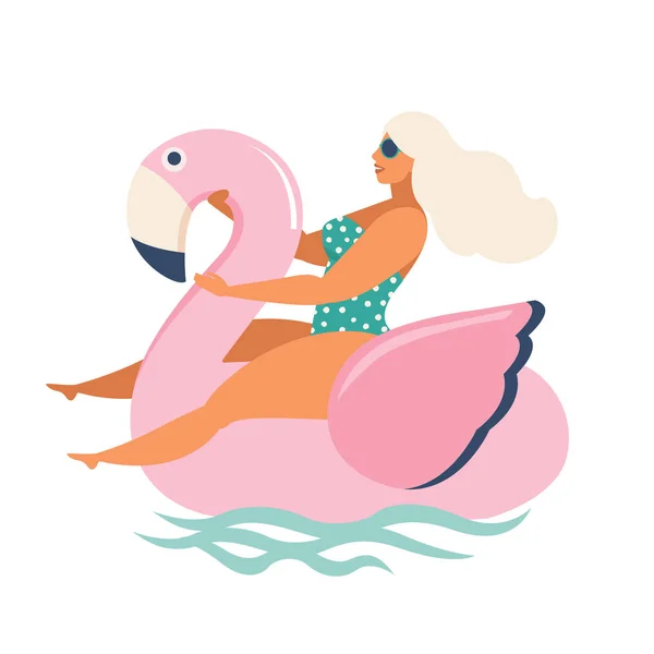 Flamingo, Eenhoorn, zwaan opblaasbare zwembad drijft. Vectorillustratie. — Stockvector