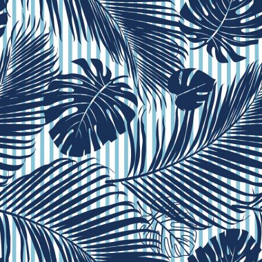 Yaz deniz kuvvetleri mavi tropikal orman yaprakları parlak ruh gökyüzü mavi çizgili seamless modeli 