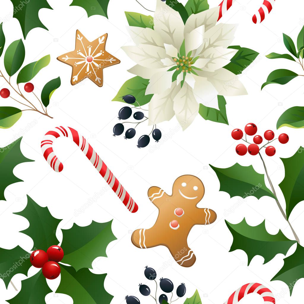 set of Christmas Poinsettia flower and ginger cookies on white background