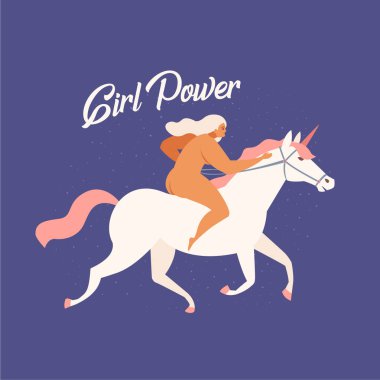 Kız beyaz tek boynuzlu at komik illüstrasyon vektör metin ile sürme alıntı git kız. Rıza kadın güç.