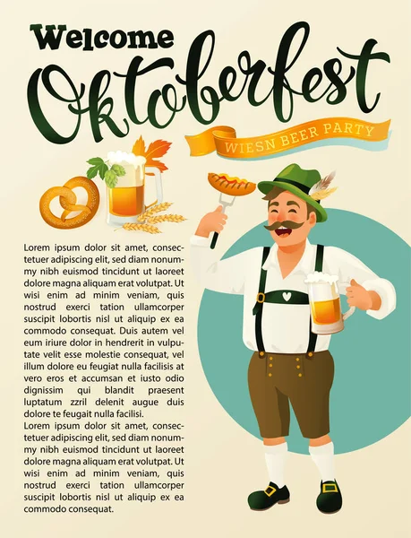 Зеленая Германия костюм oktoberfest человек усы икона в мультяшном стиле изолированы на винтажном фоне векторной иллюстрации Мюнхен Пивной фестиваль Октоберфест рукописный текст — стоковый вектор