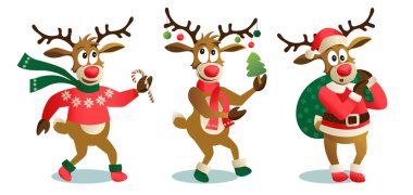 Cute, komik Noel reindeers, beyaz arka plan Ren geyiği ile Noel ağacı, hediyeler ve dans, izole karikatür vektör çizim eğleniyor, dekorasyon öğeleri.
