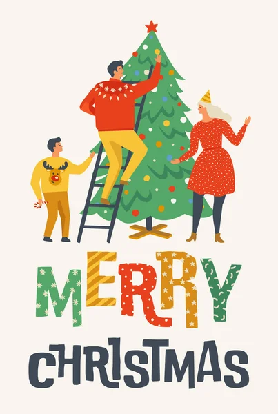 Merry Christmas Życzeniami Ludźmi Rodzina Dekorowanie Jodły Zbiór Plakatów Zima — Wektor stockowy
