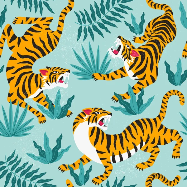 Nahtloses Muster Mit Niedlichen Tigern Auf Dem Hintergrund Modisches Stoffdesign — Stockvektor