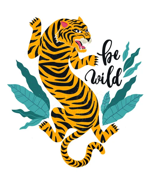 Be wild.Vector illustration of tiger with tropical leaves. Trendy design for card, poster, tshirt and other use. — Stock Vector