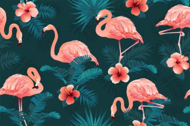 Güzel Flamingo kuşu tropik çiçekler arka plan sorunsuz tasarlamak vektör.