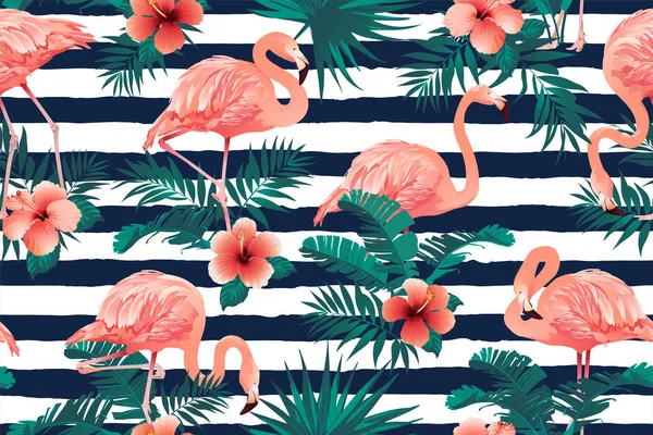 Pássaro de Flamingo bonito flores tropicais fundo. vector padrão sem costura . — Vetor de Stock