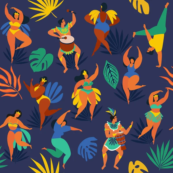 ブラジルのカーニバル フラット文字とシームレスなパターンをベクトル ジャネイロのカーニバルのブラジル サンバ ダンサー お祝いスーツ ベクトル イラストの女の子と男の子 — ストックベクタ