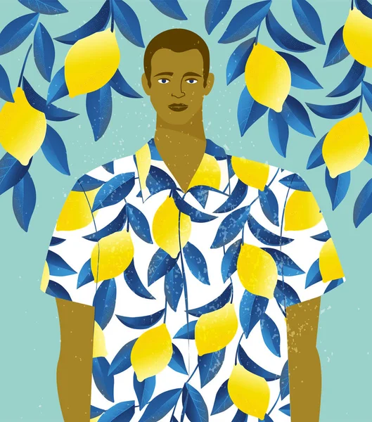 Hombre Guapo Camisa Con Estampado Limones Sobre Fondo Limonero — Vector de stock