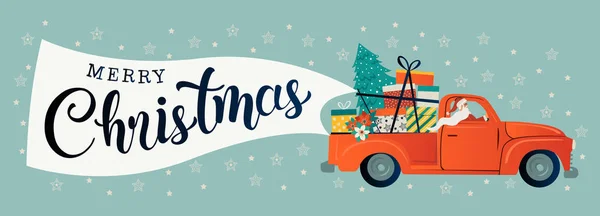 Feliz Natal Tipografia Estilizada Carro Vermelho Vintage Com Árvore Natal — Vetor de Stock