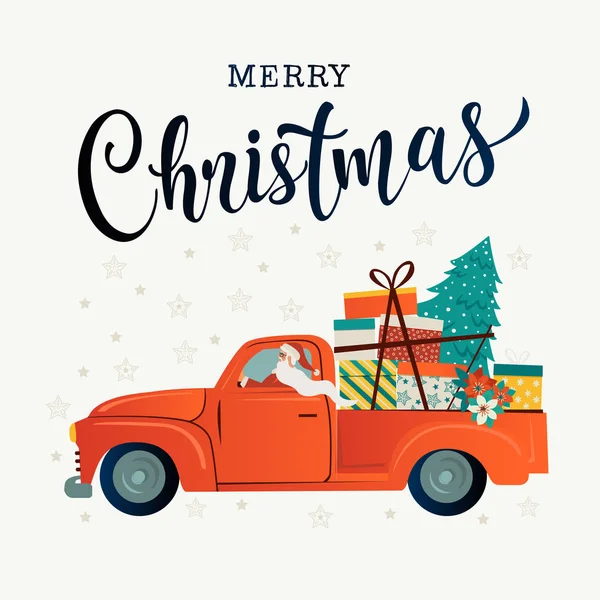 Mutlu Noeller tipografi stilize. Noel Baba Noel ağacı ve hediye kutuları ile eski model kırmızı araba. Vektör düz stil çizim.