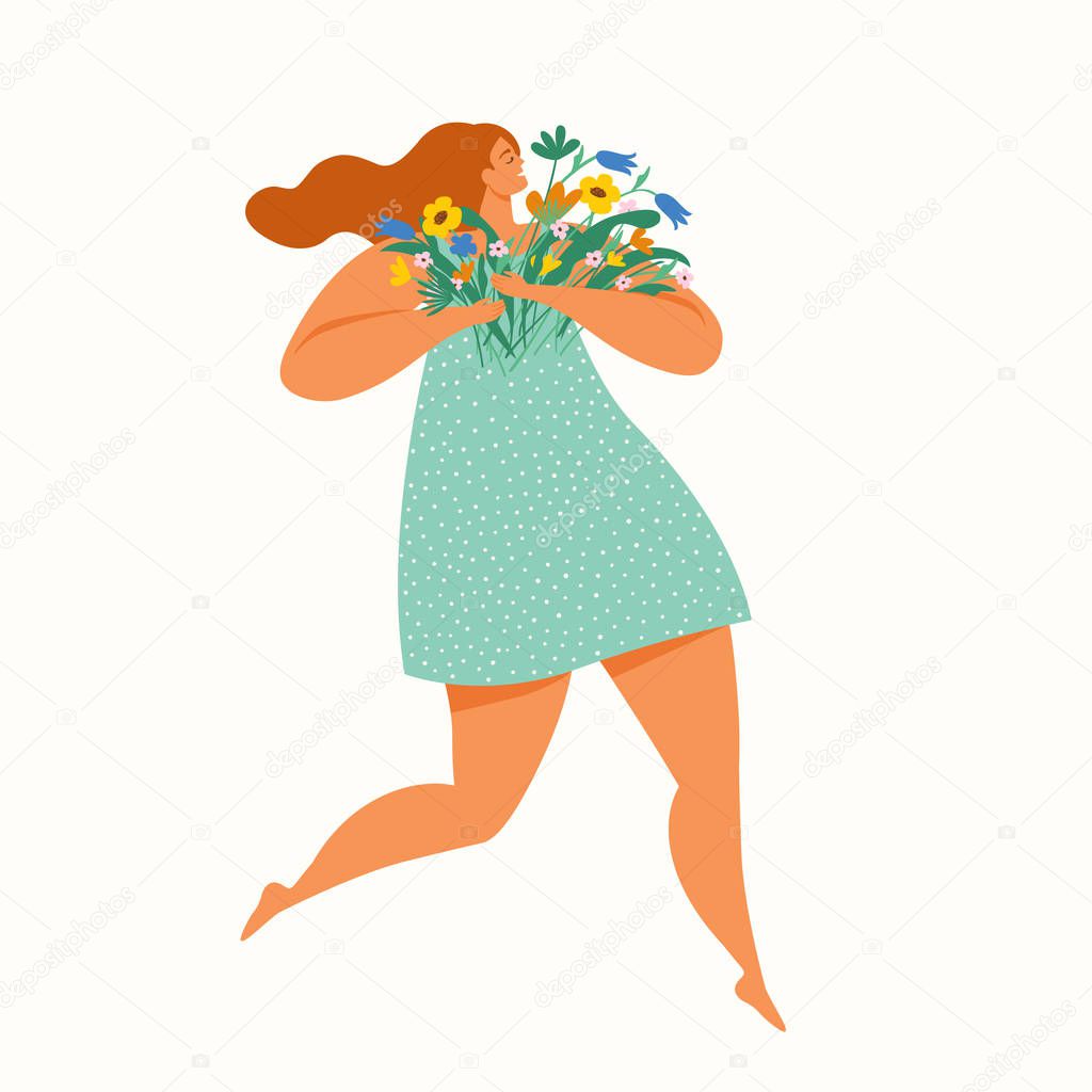 Happy girl running with a bouquet of flowers. International Women`s Day. Vector illustration.