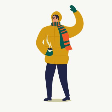 Aşağı bir ceket giymiş bir adam bir fincan kahve ile girer. Mutlu Noeller ve mutlu yeni yıl. İnsanlar yeni yıl için hazırlanıyorlar.