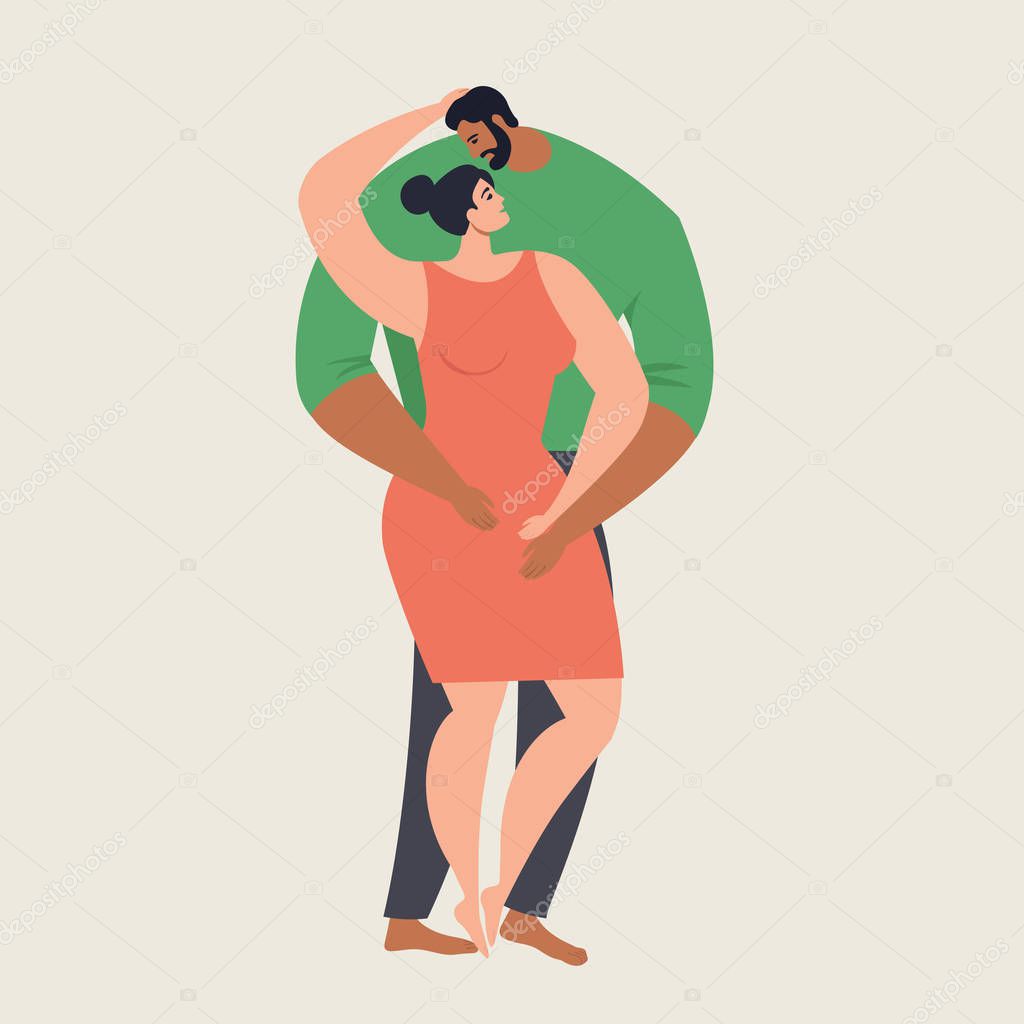Romantic couple isolated on  retro background. Portrait of men and women in love hugging, cuddling and kissing. Hand drawn vector illustration for Valentine's day greeting card.