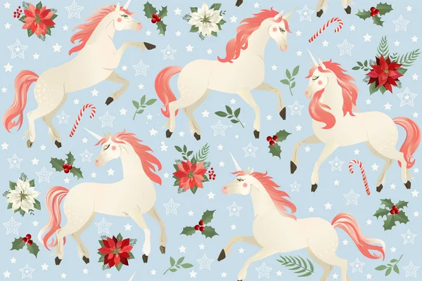 Unicorns on a Christmas floral background. Seamless pattern. — Stock Vector