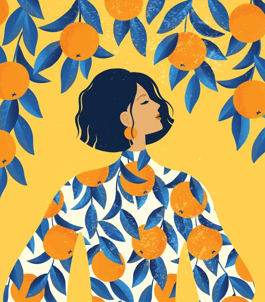Schönes Mädchen in einem Kleid mit Orangenmuster Print und einem Orangenbaum Hintergrund. — Stockvektor