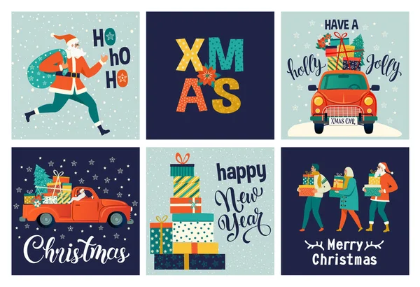 Συλλογή από χαριτωμένα καλά Χριστούγεννα και Ευτυχισμένο το νέο έτος για χρήση κάρτες δώρων. Σύνολο χέρι εκτυπώσιμη διακοπών αφίσες πρότυπα. Διάνυσμα εποχιακά καρτ ποστάλ σχεδιασμού. — Διανυσματικό Αρχείο